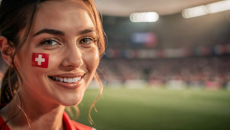 happy woman with swiss flag on her face looking at camera in stadiumの素材