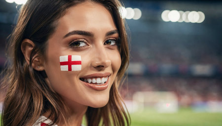 beautiful smiling woman with england flag on face at soccer stadiumの素材