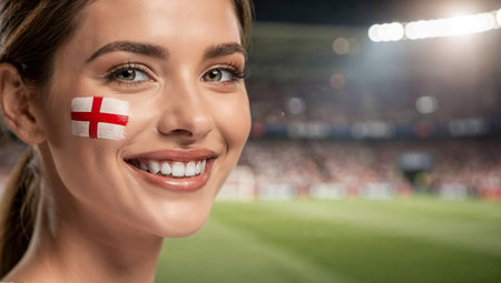 beautiful smiling woman with england flag on face at soccer stadiumの素材