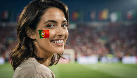 Portrait of happy young woman with portuguese flag on face at stadiumの素材