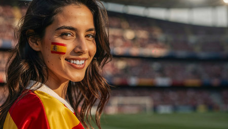 Portrait of a beautiful young woman with Spain flag on her faceの素材