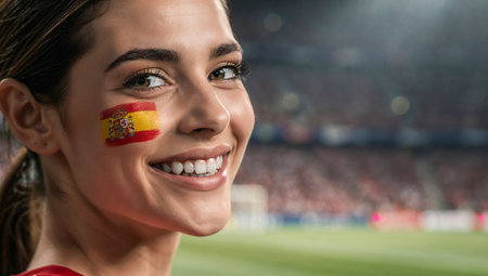 young woman with spain flag on face looking at camera and smilingの素材