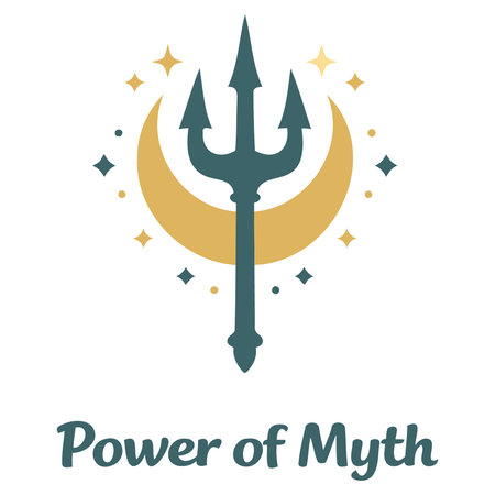 This image features a stylized trident symbol set against a crescent moon with small stars and...
