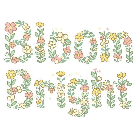 This image showcases a beautifully handdrawn floral typography design that spells out the word Bloom Bright Each letter is intricately decorated with a variety of colorful flowers and delicate leaves The flowers are in soft pastel shades of pink yellow and light green creating a harmonious and cheerful appearance The design is detailed with small leaves and buds adding to the natural and organic feel The entire composition is isolated on a transparent background making it versatile for various design applicationsのイラスト素材
