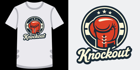 This image showcases a creative tshirt design centered around a boxing theme The design features a bold  with a pair of red boxing gloves wrapped as if ready for a match The gloves are encased in a circular badge with three stars at the top and a lacedup appearance below The word Knockout is prominently displayed in stylized text both inside the badge and beneath it The tshirt mockup is shown in grey with the design on the frontのイラスト素材