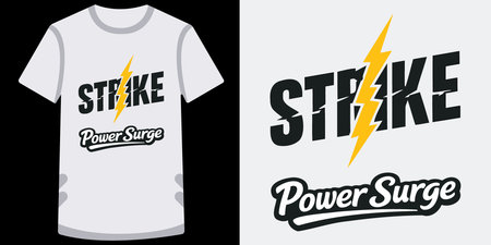 This image showcases a tshirt design with a striking graphic of a yellow lightning bolt intersecting bold black text that reads STRIKE Below the lightning bolt there is a secondary text in a cursive font that says Power Surge The design is presented both on a mockup of a light gray tshirt and as an isolated graphic on a transparent background The typography is dynamic and eyecatching making it ideal for various graphic design applications and merchandise printingのイラスト素材