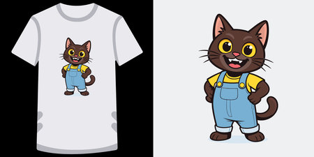 This image features a cheerful cartoon illustration of a black cat with an animated and friendly...