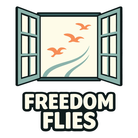 This image features an illustration of an open window with two panes swung wide revealing a serene view Through the window three stylized orange birds are seen flying in a light beige sky with a gentle curved line suggesting wind or flight path The window frame is a muted teal color and the entire illustration is clean and minimalistic The text FREEDOM FLIES is written in bold black letters beneath the window emphasizing the theme of freedom and liberation The image is isolated on a transparent backgroundのイラスト素材
