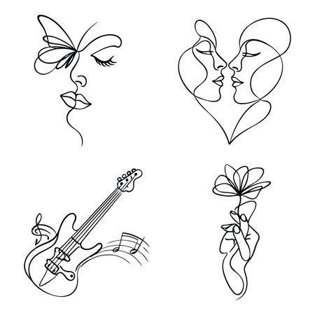 This image showcases a collection of four minimalist line drawings isolated on a transparent background The top left features a profile of a woman with a butterfly on her face The top right displays two faces forming a heart shape with their profiles touching The bottom left shows an electric guitar with musical notes The bottom right illustrates a hand holding a flower Each drawing is rendered in a clean and elegant monochrome style with smooth continuous linesのイラスト素材