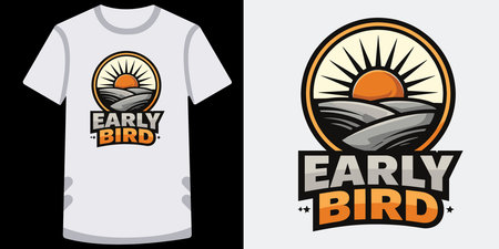 This image showcases a creative  design featuring the phrase Early Bird in bold stylized text The  includes a circular emblem with a sunrise over rolling hills inside it The sun emits rays that spread outwards creating a warm and inviting effect The design is presented on a white tshirt and as an isolated  on a plain background The colors used are warm oranges yellows and grays which enhance the vintage and welcoming feelのイラスト素材