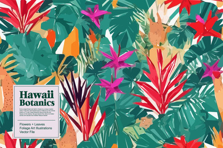 Vibrant jungle of beauty with this stunning vector floral pattern background. Exquisite tropical flowers, lush jungle leaves and vivid colors  provide an enchanting wallpaper.のイラスト素材