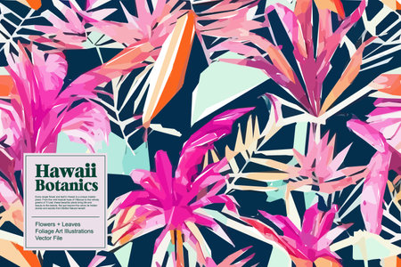 Vibrant jungle of beauty with this stunning vector floral pattern background. Exquisite tropical flowers, lush jungle leaves and vivid colors  provide an enchanting wallpaper.のイラスト素材