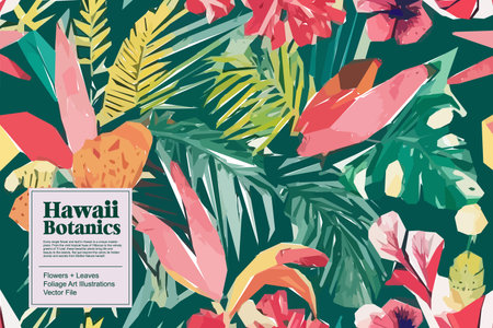 Vibrant jungle of beauty with this stunning vector floral pattern background. Exquisite tropical flowers, lush jungle leaves and vivid colors  provide an enchanting wallpaper.のイラスト素材
