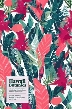 Vibrant jungle of beauty with this stunning vector floral pattern background. Exquisite tropical flowers, lush jungle leaves and vivid colors  provide an enchanting wallpaper.のイラスト素材