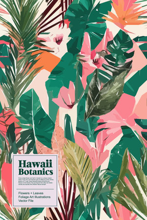 Vibrant jungle of beauty with this stunning vector floral pattern background. Exquisite tropical flowers, lush jungle leaves and vivid colors  provide an enchanting wallpaper.のイラスト素材