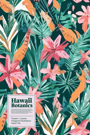 Vibrant jungle of beauty with this stunning vector floral pattern background. Exquisite tropical flowers, lush jungle leaves and vivid colors  provide an enchanting wallpaper.のイラスト素材