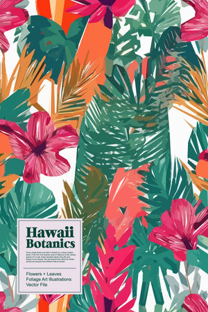 Vibrant jungle of beauty with this stunning vector floral pattern background. Exquisite tropical flowers, lush jungle leaves and vivid colors  provide an enchanting wallpaper.のイラスト素材