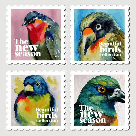 Set of beautiful colorful birds stampsのイラスト素材