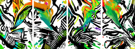 Set of hand drawn abstract nature background. vector colorful watercolor ink doodle tropical leaves flowers, splatters and shapes, background for paper, cover, fabric, interior decor.のイラスト素材