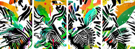 Set of hand drawn abstract nature background. vector colorful watercolor ink doodle tropical leaves flowers, splatters and shapes, background for paper, cover, fabric, interior decor.のイラスト素材