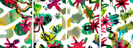 Set of hand drawn abstract nature background. vector colorful watercolor ink doodle tropical leaves flowers, splatters and shapes, background for paper, cover, fabric, interior decor.のイラスト素材