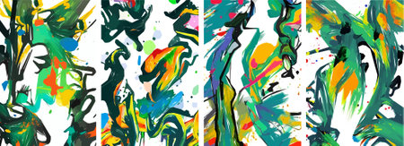 Set of hand drawn abstract nature background. vector colorful watercolor ink doodle tropical leaves flowers, splatters and shapes, background for paper, cover, fabric, interior decor.のイラスト素材