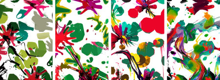 Set of hand drawn abstract nature background. vector colorful watercolor ink doodle tropical leaves flowers, splatters and shapes, background for paper, cover, fabric, interior decor.のイラスト素材