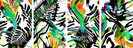 Set of hand drawn abstract nature background. vector colorful watercolor ink doodle tropical leaves flowers, splatters and shapes, background for paper, cover, fabric, interior decor.のイラスト素材