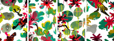 Set of hand drawn abstract nature background. vector colorful watercolor ink doodle tropical leaves flowers, splatters and shapes, background for paper, cover, fabric, interior decor.のイラスト素材