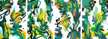 Set of hand drawn abstract nature background. vector colorful watercolor ink doodle tropical leaves flowers, splatters and shapes, background for paper, cover, fabric, interior decor.のイラスト素材