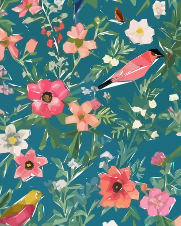 Pattern with hand drawn flowers and birds. Vector illustration.のイラスト素材