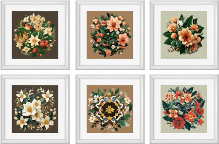 Set of vector images with flowers, leaves and branches in a square frame.のイラスト素材