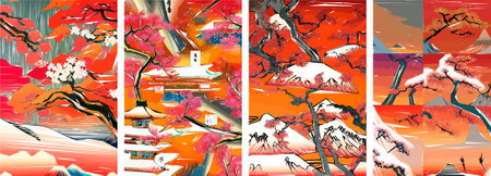 Set of four vector illustrations of traditional Japanese landscape, architecture and cherry blossom tree.のイラスト素材