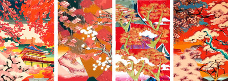 Set of four vector illustrations of traditional Japanese landscape, architecture and cherry blossom tree.のイラスト素材