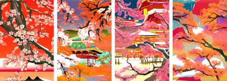 Set of four vector illustrations of traditional Japanese landscape, architecture and cherry blossom tree.のイラスト素材