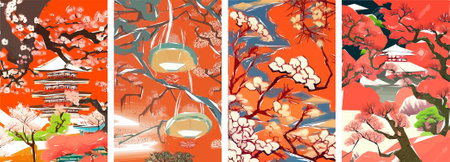 Set of four vector illustrations of traditional Japanese landscape, architecture and cherry blossom tree.のイラスト素材