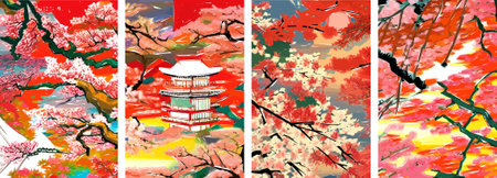 Set of four vector illustrations of traditional Japanese landscape, architecture and cherry blossom tree.のイラスト素材