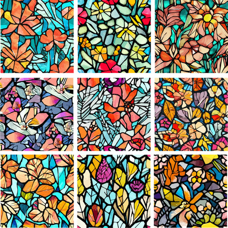 Set of stained glass patterns with flowers and leaves. Colorful vector backgrounds.のイラスト素材