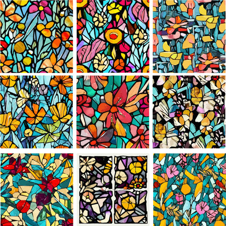 Set of stained glass patterns with flowers and leaves. Colorful vector backgrounds.のイラスト素材