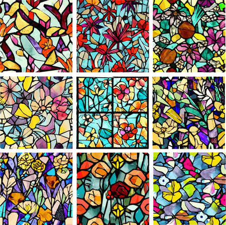 Set of stained glass patterns with flowers and leaves. Colorful vector backgrounds.のイラスト素材