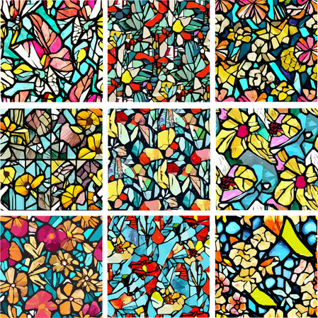 Set of stained glass patterns with flowers and leaves. Colorful vector backgrounds.のイラスト素材