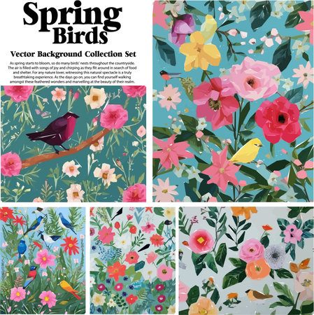 Spring flowers and birds vector illustration set. Floral background for your design.のイラスト素材