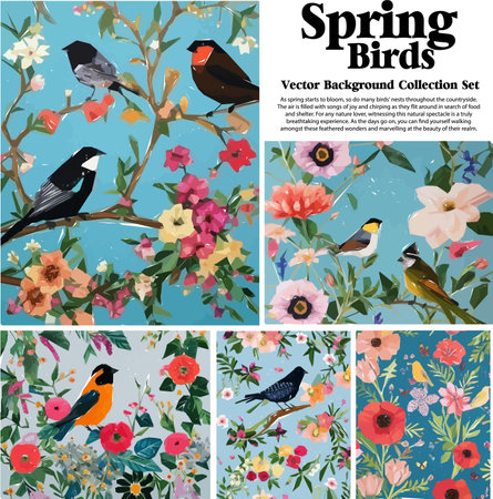 Spring flowers and birds vector illustration set. Floral background for your design.のイラスト素材