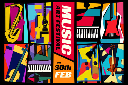 Music and Art Festival. Vector illustration of a set of abstract jazz backgrounds with musical instruments. Guitar, piano, saxophone and violin.のイラスト素材
