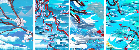 Japanese Sakura Traditional Art vector illustration set. Spring cherry blossom season.のイラスト素材