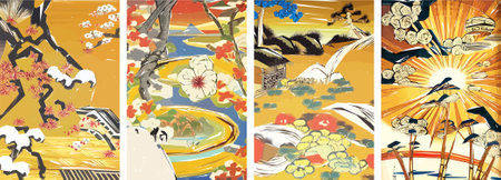 Japanese Sakura Traditional Art vector illustration set. Spring cherry blossom season.のイラスト素材