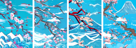 Japanese Sakura Traditional Art vector illustration set. Spring cherry blossom season.のイラスト素材