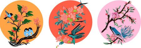 Japanese traditional landscape with mountains and cherry blossoms in a circle. Vector illustration.のイラスト素材