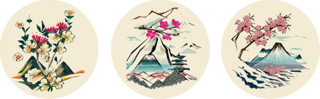 Japanese traditional landscape with mountains and cherry blossoms in a circle. Vector illustration.のイラスト素材