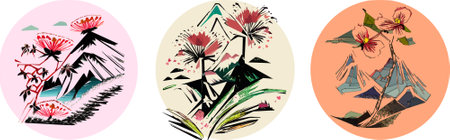 Japanese traditional landscape with mountains and cherry blossoms in a circle. Vector illustration.のイラスト素材